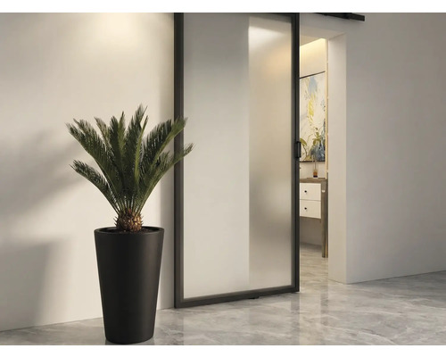 Pohľad na izbu s posuvnými dverami, rastlinou v kvetináči a výhľadom do kúpeľne