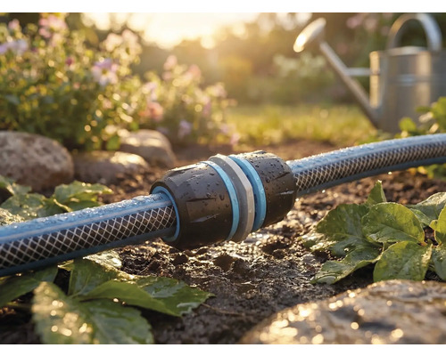 Záhradná hadica s konektorom v záhrade