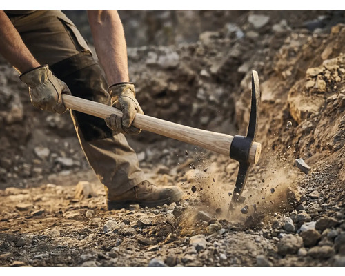 Muž používa krompáč na kopanie v zemi