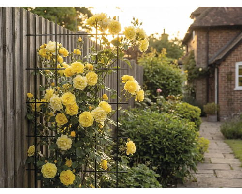 Žlté popínavé ruže na kovovej mreži v záhrade