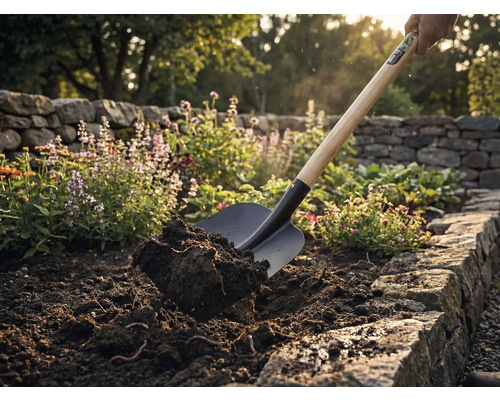 Lopata dvíha zeminu v záhone.