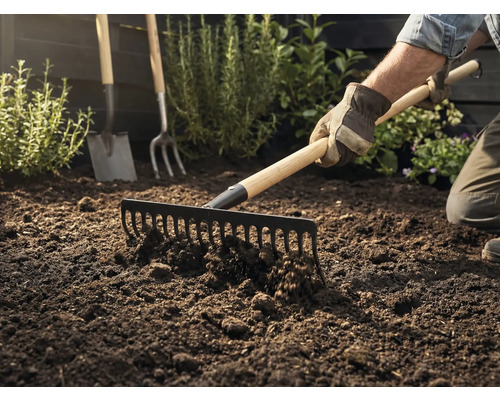 Záhradník hrable zeminu hrabľami, v pozadí je vidieť rýľ a vidly.