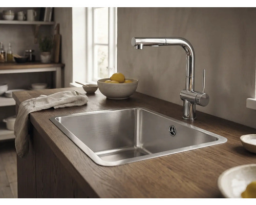 Drez s vodovodnou batériou vo svetlej kuchyni