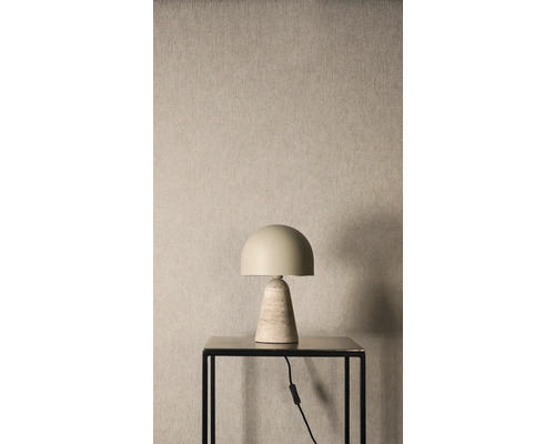 Stolná lampa s polguľovitým tienidlom a kužeľovitou kamennou základňou na čiernom stolíku pred štruktúrovanou stenou.