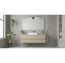 Moderná kúpeľňa s umývadlovou skrinkou, zrkadlom, rastlinami a policami