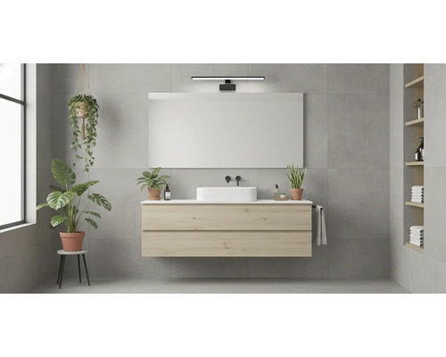 Moderná kúpeľňa s umývadlovou skrinkou, zrkadlom, rastlinami a policami