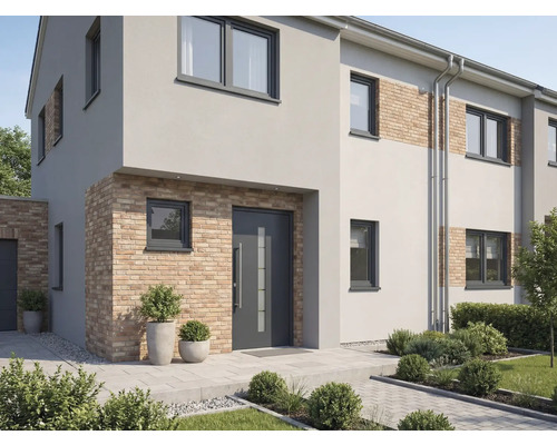 Fasáda moderného obytného domu s oknami a vchodovými dverami