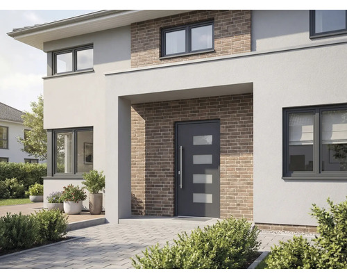 Moderný dom s vchodovými dverami, oknami a murivom z tehál