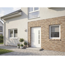 Pohľad na dom s bielymi vchodovými dverami, oknami a fasádou s tehlovými prvkami