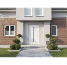 Fasáda domu s vchodovými dverami, oknami a dláždeným vchodom