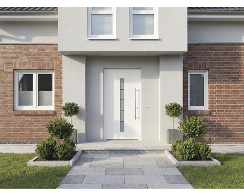 Fasáda domu s vchodovými dverami, oknami a dláždeným vchodom