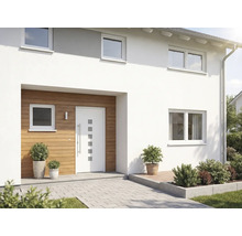 Moderný dom s vchodovými dverami, oknami a vonkajším priestorom