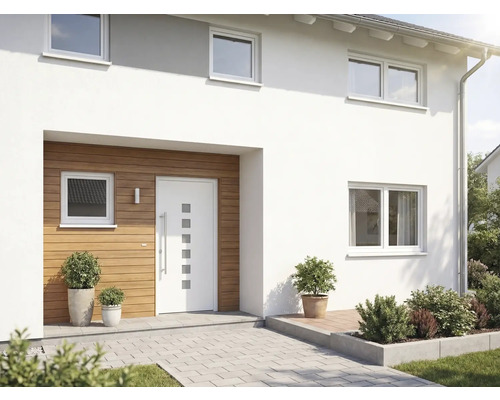 Moderný dom s vchodovými dverami, oknami a vonkajším priestorom