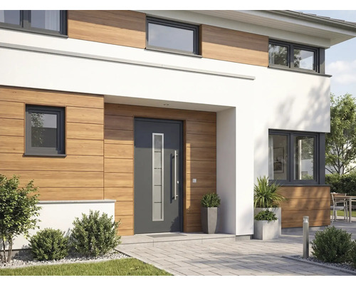 Exteriér moderného domu s vchodovými dverami, oknami a dreveným obkladom