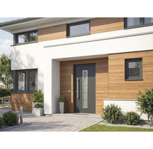 Moderný dom s vchodovými dverami, oknami a drevenou fasádou