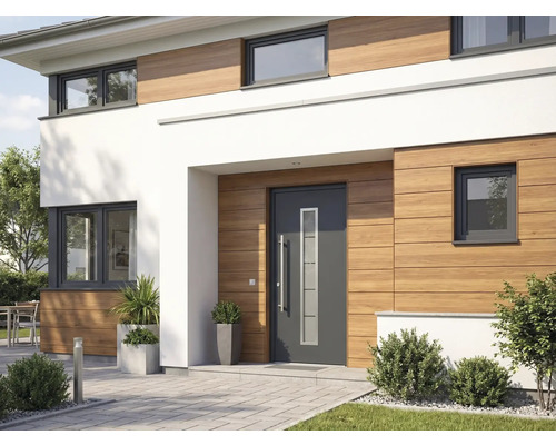Moderný dom s vchodovými dverami, oknami a drevenou fasádou