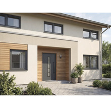 Fasáda domu s vchodovými dverami, oknami a vonkajším priestorom