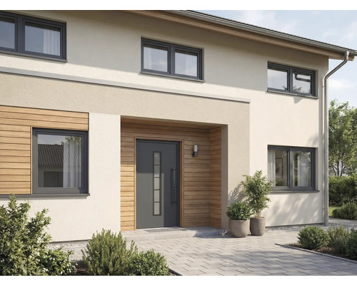 Fasáda domu s vchodovými dverami, oknami a vonkajším priestorom