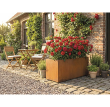 Záhradná scéna s obdĺžnikovým kovovým kvetináčom osadeným červenými ružami a posedením so stolom a stoličkami na terase pred domom.