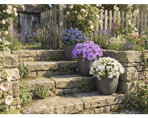 Záhradná úprava s kamenným schodiskom a kvitnúcimi rastlinami v kvetináčoch