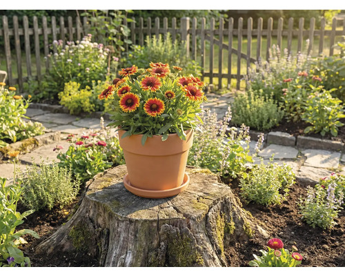 Terakotový kvetináč s nechtíkom lekárskym na pni stromu v záhrade.