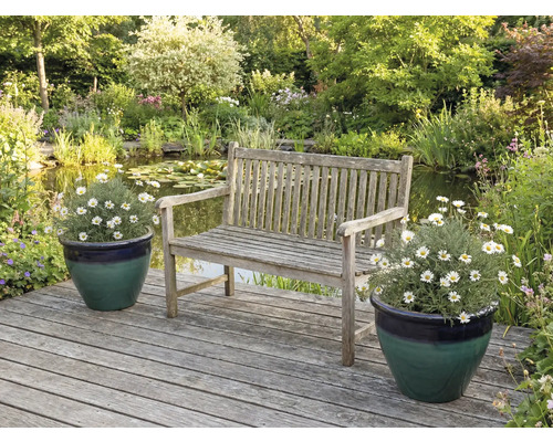 Záhradná scéna s drevenou lavicou, jazierkom a kvetinami v kvetináčoch na drevenej terase