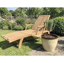 Drevené záhradné ležadlo vedľa kvetináča s rastlinou v záhrade