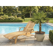 Drevené ležadlo vedľa bazéna a palma v kvetináči