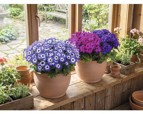 Miestnosť s kvitnúcimi cineráriami v terakotových kvetináčoch