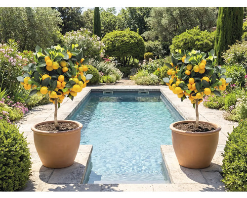 Dva citrónovníky v terakotových kvetináčoch vedľa bazéna v záhrade.