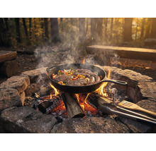 Panvica na otvorenom ohni so steakmi, klobásami a zeleninou v lese