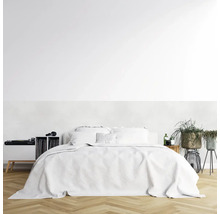 Svetlá spálňa s posteľou, gramofónom, platňami a rastlinami.