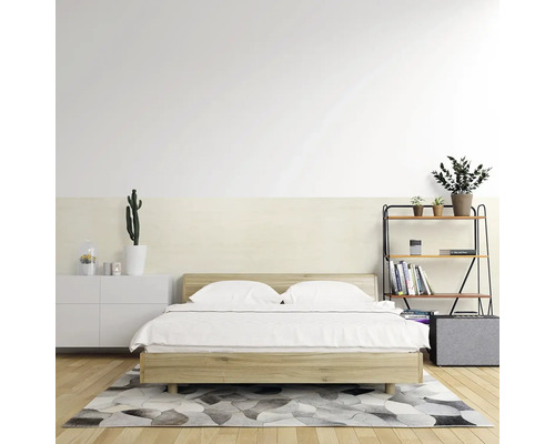 Svetlá spálňa s drevenou posteľou, regálom na knihy a komodou pre usporiadané prostredie.