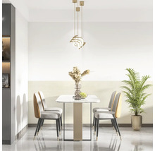 Jedáleň s jedálenským stolom, stoličkami, závesným svietidlom a izbovou rastlinou.