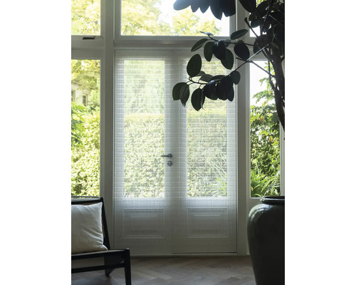 Interiér s dverami so sklenenou štruktúrou, kreslom a izbovou rastlinou