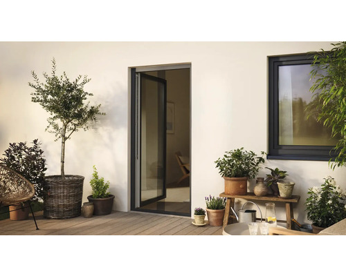 Terasa s terasovými dverami, oknom a rastlinami