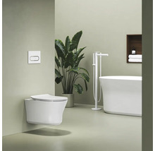 Moderná kúpeľňa s bielym závesným WC, ovládacím tlačidlom, voľne stojacou vaňou s podlahovou batériou a veľkou rastlinou.