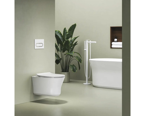 Moderná kúpeľňa s bielym závesným WC, ovládacím tlačidlom, voľne stojacou vaňou s podlahovou batériou a veľkou rastlinou.