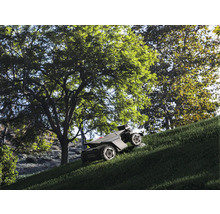 Robotická kosačka s pohonom všetkých kolies kosí strmý trávnatý svah pod veľkými zelenými stromami v záhrade.