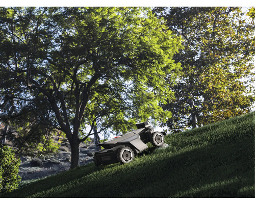 Robotická kosačka s pohonom všetkých kolies kosí strmý trávnatý svah pod veľkými zelenými stromami v záhrade.