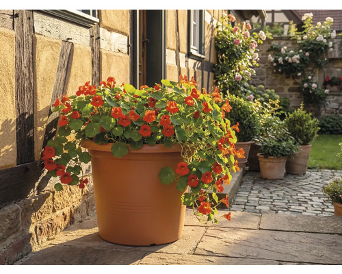 Veľký okrúhly kvetináč v terakotovej farbe s oranžovo kvitnúcou kapucínkou na kamennej terase pri hrázdenom dome.