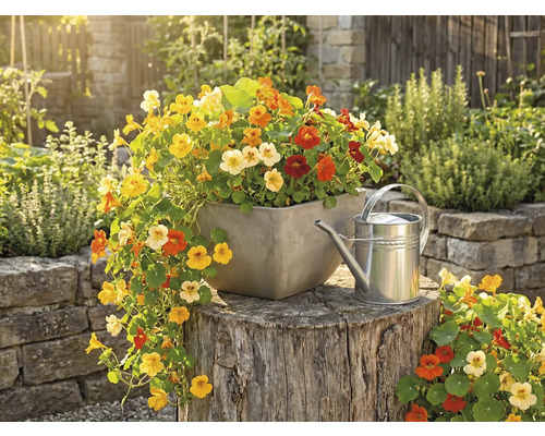 Farebná kapucínka v štvorcovom kvetináči na pni vedľa kovovej krhly vo svetlej záhrade.