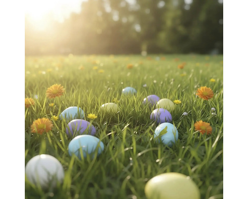 Farebné veľkonočné vajíčka roztrúsené na slnečnej zelenej lúke s malými kvetmi.