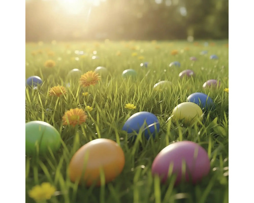 Farebné veľkonočné vajíčka v tráve na lúke so žltými kvetmi za jasného svetla.