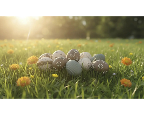 Dekoratívne veľkonočné vajíčka s rôznymi vzormi ako kvety a bodky ležia na slnečnej lúke s trávou a kvetmi.