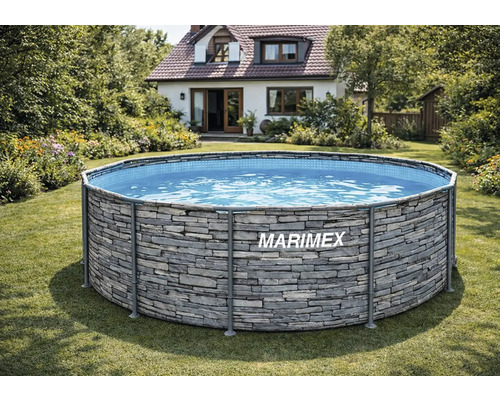 Nadzemný bazén Marimex s dekorom kameňa v slnečnej záhrade pred rodinným domom.