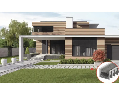 Moderná fasáda domu so záhradou a príjazdovou cestou, detail odvodňovacieho žľabu s roštom na odvodnenie pôdy.