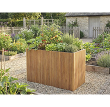 Vysoký vyvýšený záhon z drevených lamiel s paradajkami a bylinkami vo svetlej, usporiadanej záhrade so štrkovými cestami.