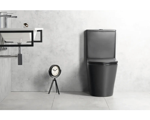 Moderná kúpeľňa s čiernou stojacou toaletou s nádržkou, bielym umývadlom s čiernym kovovým rámom a dekoratívnymi hodinami.