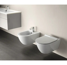 Moderná, svetlá kúpeľňa so závesným WC, keramickým bidetom s batériou a sivou umývadlovou skrinkou.